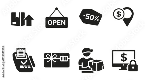 Monochrome e-commerce icon set with open sign, shipping box, discount tag, payment location, POS receipt, gift card, courier delivery and secure checkout icons on white background.