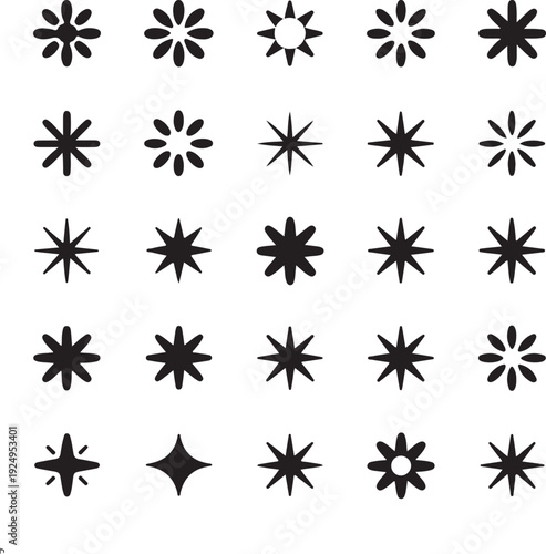 Sparkles Stars sign symbol set. Cute shape collection. Christmas decoration element. Black color on white background. Flat design.