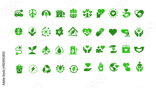 Flat design renewable energy and nature icon set in green tones. Contains solar panels, wind turbines, leaves, eco transport, recycling bins, and sustainable development symbols.
