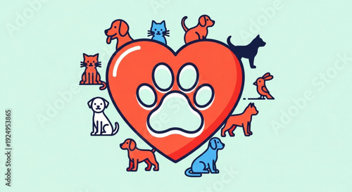 Colorful heart with paw print surrounded by various dogs and cats on light green background for animal love and adoption concepts