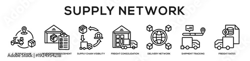  Supply Network web banner icon vector illustration concept for business with icon of Supply Chain, Inventory Management, Supply Chain Visibility, Freight Consolidation, Delivery Network, Shipment.