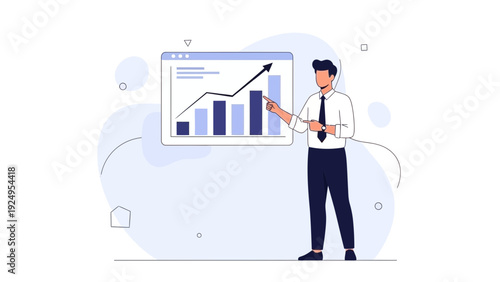 Man pointing at upward trending financial graph on screen, business growth concept