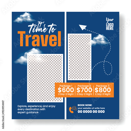Creative Travel Agency Social Media Banner Template for Promo Advertising, Summer Holiday Vacation Packages, Hotel Resort Booking, Study Abroad Tours, Tourism Promotion, Square Flyer Poster, Marketing