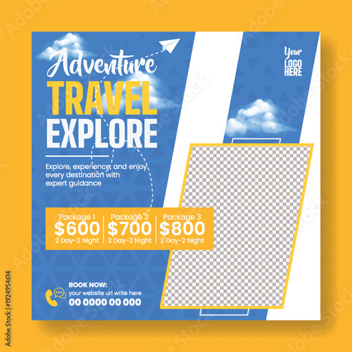 Travel Agency Square Flyer Poster Template Design for Social Media Ads, Holiday Vacation Booking, Summer Tour Packages, Hotel Resort Promo, Study Abroad Campaign, Tourism Advertising