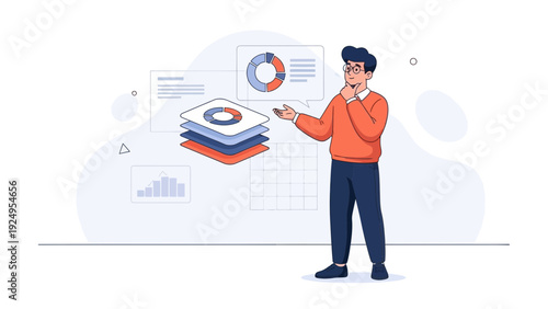 Man analyzing data charts and graphs on a presentation screen