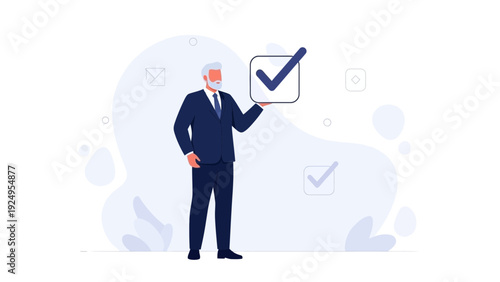 Businessman holding a checkmark in a square, concept of success and decision making