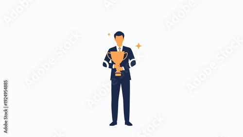 Businessman holding a golden trophy, celebrating success, achievement, and victory