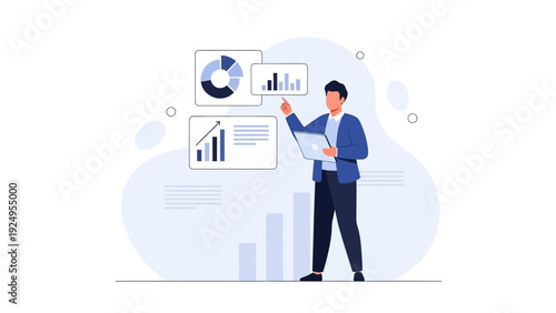 Business Analyst Presenting Financial Data and Charts on Digital Tablet
