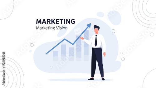 Business growth concept: man pointing at upward trend graph, marketing vision