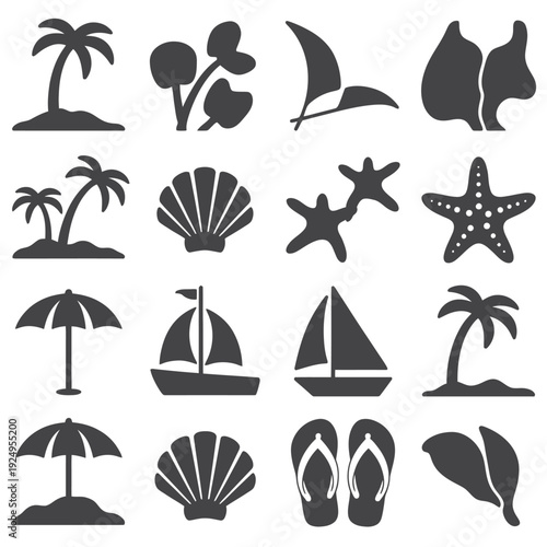 Assorted tropical and beach-themed icons in black and white silhouette style isolated on white background, Vector, illustration