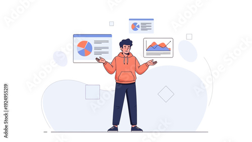 Man juggling business charts and data analysis with infographics