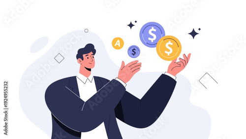 Business man juggling money coins, financial success, investment, wealth concept