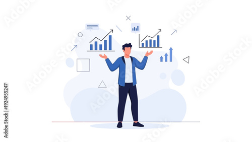 Man juggling financial growth charts, business analysis, decision making concept