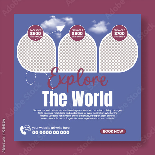 Travel Agency Promotional Advertising Template for Social Media, Tour Package Offers, Summer Holiday Booking, Hotel Resort, Study Abroad Campaign, Square Flyer Poster, Tourism Design