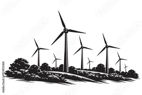 Wind Farm Silhouette Landscape, Vector Illustration, Isolated on White Background