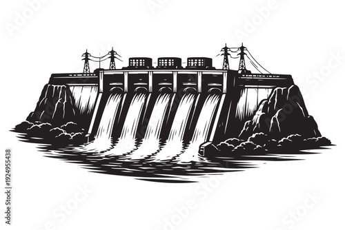 Hydroelectric Dam Silhouette, Vector Illustration, Isolated on White Background