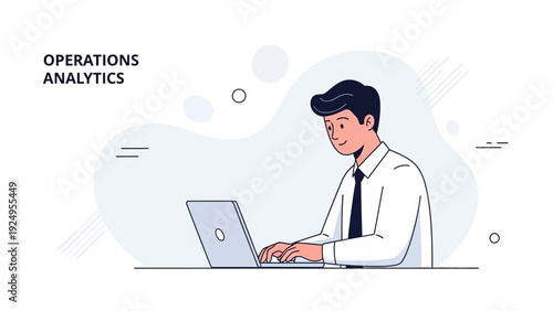 Business man working on laptop, operations analytics illustration