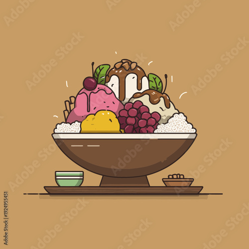 A Colorful Bowl of Shaved Ice Dessert with Fruits and Toppings