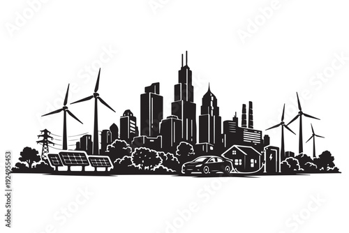 Sustainable City Energy Silhouette, Vector Illustration, Isolated on White Background