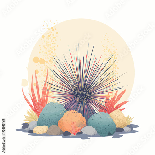 A Sea Urchin Amidst Colorful Marine Life and Rocks