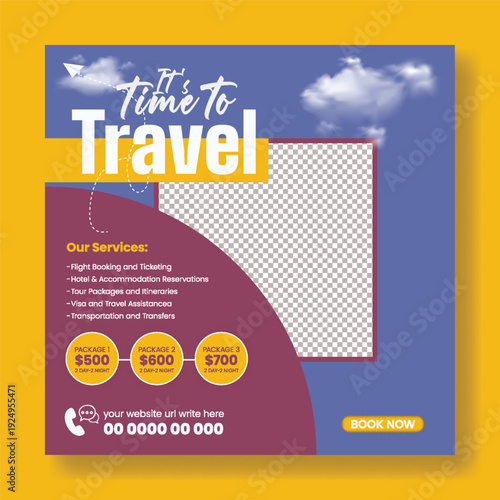 Travel Agency Social Media Post Template Design Featuring Summer Holiday Vacation, Tour Package, Hotel Resort Booking, Study Abroad Promo, Tourism Advertising, Square Flyer Poster, Web Banner, Advert