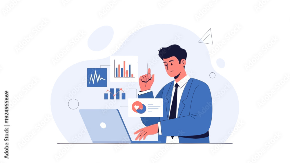 Naklejka premium Businessman analyzing data on laptop, charts, graphs, digital marketing concept