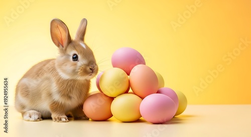 Adorable bunny with colorful Easter eggs on yellow background