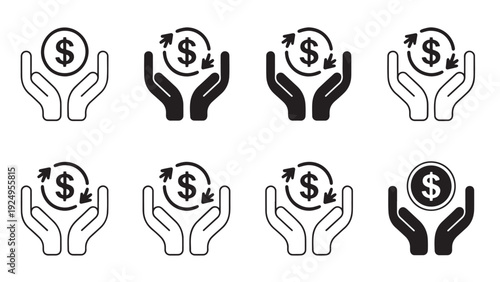 Hands holding dollar icons in financial concept style.
