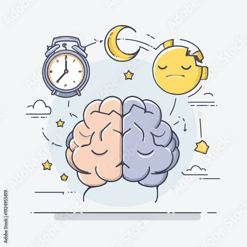 Brain Experiencing Sleep Deprivation With Moon and Alarm Clock