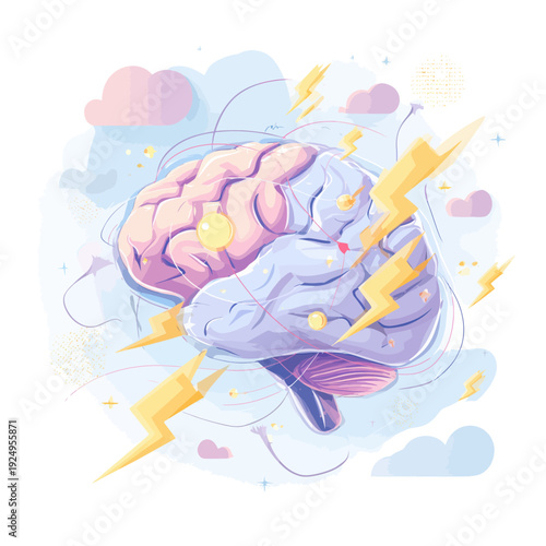 Brain with Lightning Strikes and Clouds