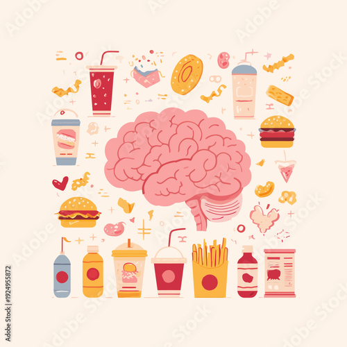 Brain surrounded by unhealthy food choices