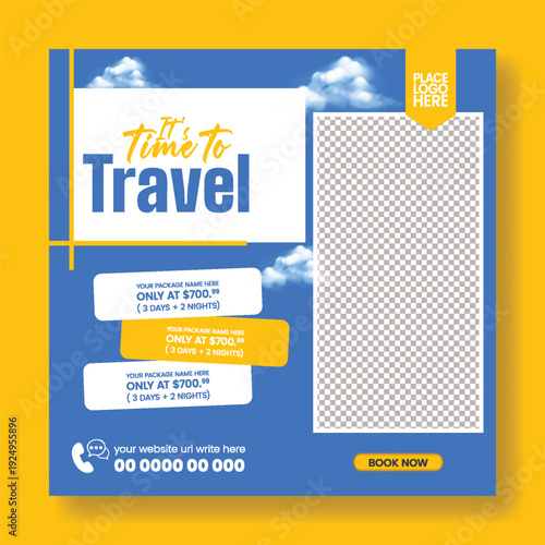 Creative travel agency travel advertising promo template highlighting hotel resort online booking flight ticket tour package summer holiday vacation tourism promotion square flyer poster design