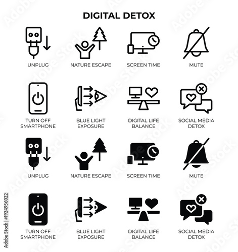 Digital Detox Icons with Outline and Glyph Style