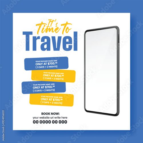 travel agency social media post advertising design with travel hotel resort online booking flight ticket tour package summer holiday vacation promo tourism promotion square flyer poster design