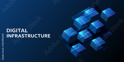 Abstract blue cubes with digital infrastructure text on a dark background