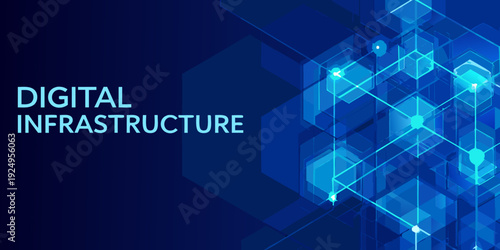 Abstract digital infrastructure background with blue geometric shapes and text