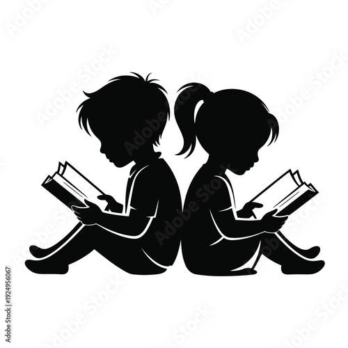 Two children engrossed in reading books together side by side. isolated on white background, Vector, illustration