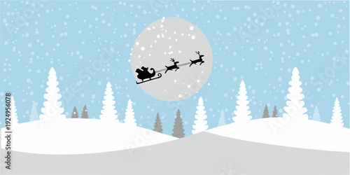 Santa claus flies across a bright full moon in a winter scene
