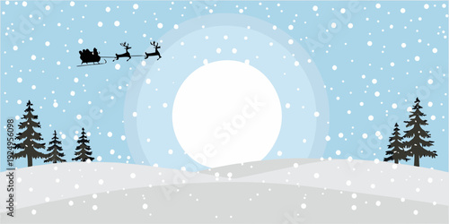 Santa claus and reindeer fly across a winter landscape with falling snow