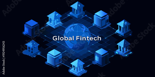 Isometric illustration of global fintech network with buildings and a globe