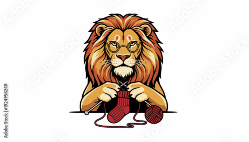 Wise Lion Knitting a Red Sock with Yarn and Needles.