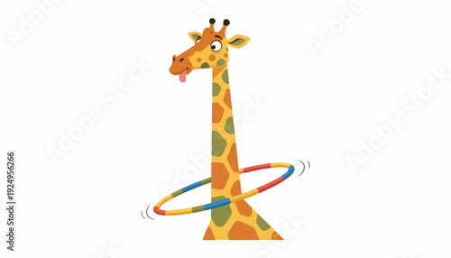 Playful Giraffe Hula Hooping with Colorful Rings.