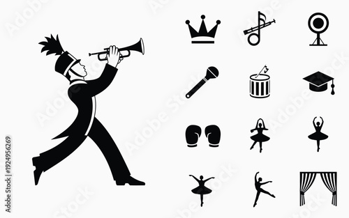 Classic illustration of musical instruments and ballet symbols with a central conductor figure isolated on white background, Vector, illustration
