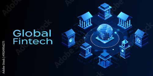 Isometric illustration of global fintech network with a central glowing globe