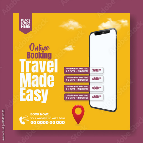 travel agency travel advertising banner template for hotel resort online booking flight ticket tour package summer holiday vacation promo tourism promotion square flyer poster design