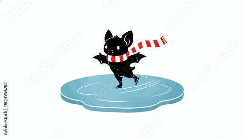 Charming cartoon bat ice skating with scarf on frozen pond.