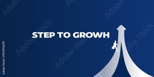 Step to growth a white arrow pointing upwards on a dark blue background