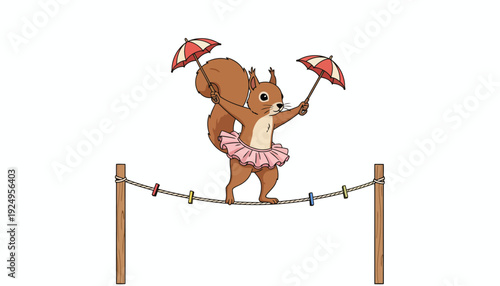 A talented squirrel performs a daring tightrope walk with umbrellas.