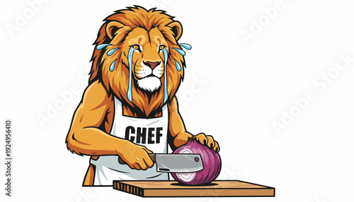 Crying Lion Chef Chopping Onion with Knife on Cutting Board.