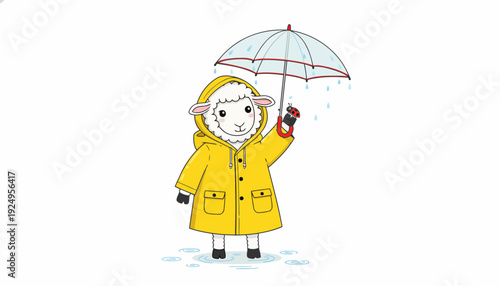 Cute cartoon lamb wearing a yellow raincoat and holding an umbrella in the rain.